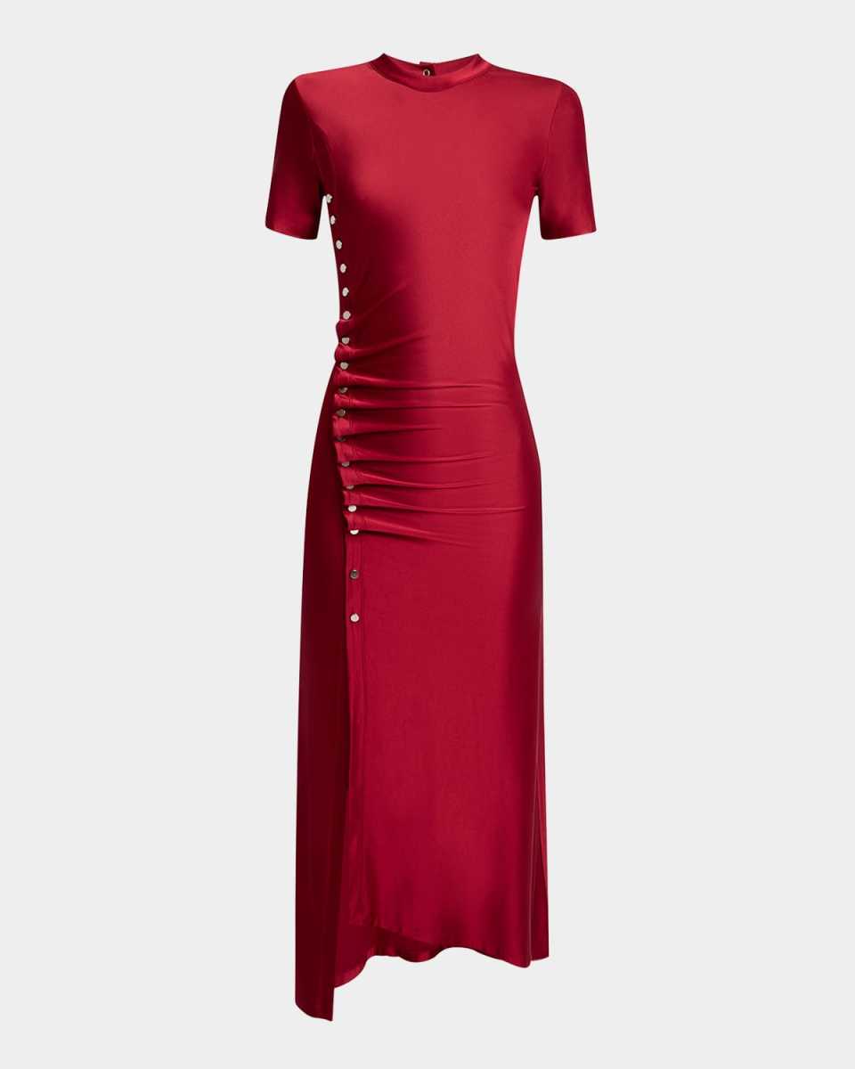 Side Button Ruched Midi Dress